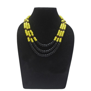 Yellow Black and Maroon bead Three Strand Necklace - Ethnic Inspiration